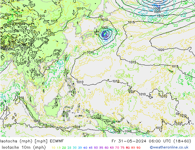 Isotachs (mph) ECMWF Pá 31.05.2024 06 UTC