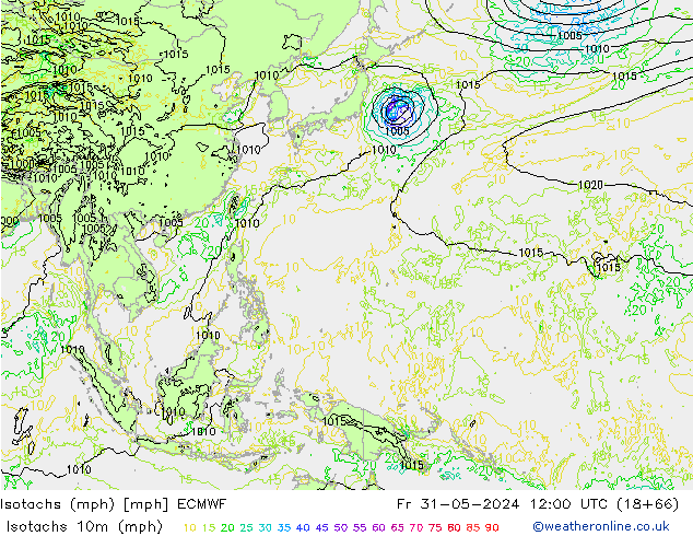 Isotachs (mph) ECMWF ven 31.05.2024 12 UTC