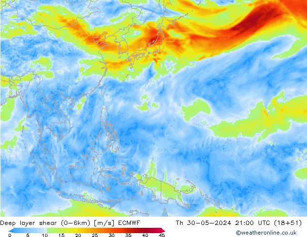 Deep layer shear (0-6km) ECMWF czw. 30.05.2024 21 UTC