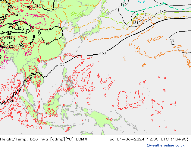 Height/Temp. 850 hPa ECMWF Sa 01.06.2024 12 UTC