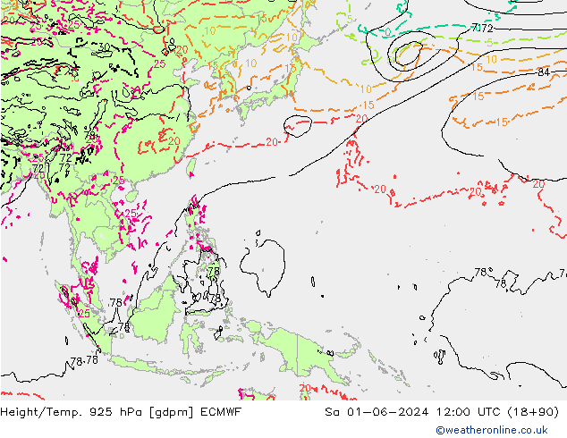 Height/Temp. 925 гПа ECMWF сб 01.06.2024 12 UTC