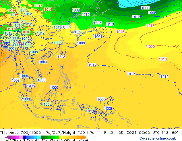 Thck 700-1000 hPa ECMWF ven 31.05.2024 06 UTC