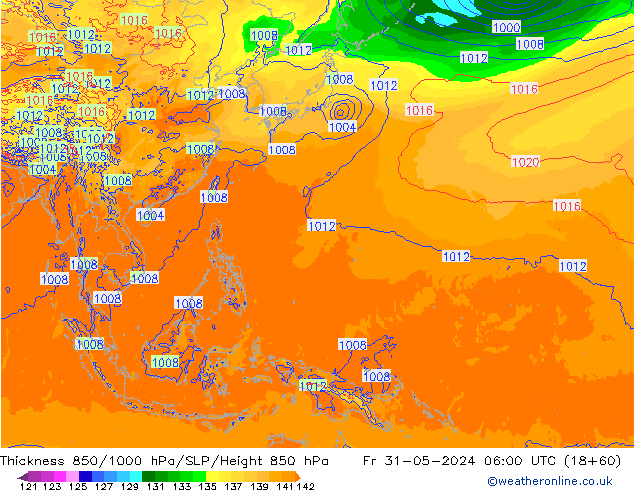 Dikte 850-1000 hPa ECMWF vr 31.05.2024 06 UTC