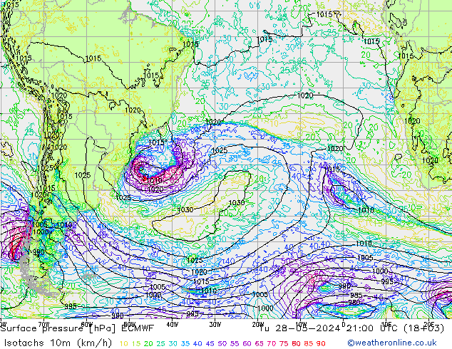 Izotacha (km/godz) ECMWF wto. 28.05.2024 21 UTC