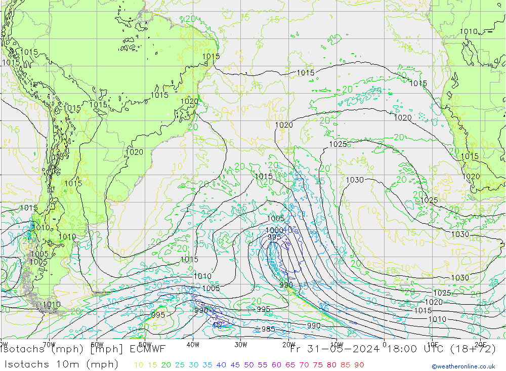 Isotachs (mph) ECMWF пт 31.05.2024 18 UTC