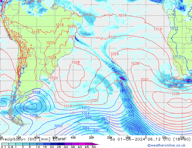 Precipitation (6h) ECMWF So 01.06.2024 12 UTC