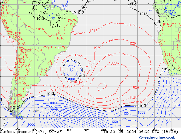 Presión superficial ECMWF jue 30.05.2024 06 UTC