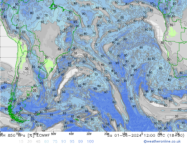 Humidité rel. 850 hPa ECMWF sam 01.06.2024 12 UTC