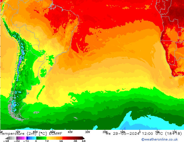 Temperature (2m) ECMWF We 29.05.2024 12 UTC