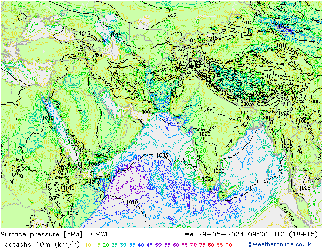 Isotachs (kph) ECMWF We 29.05.2024 09 UTC