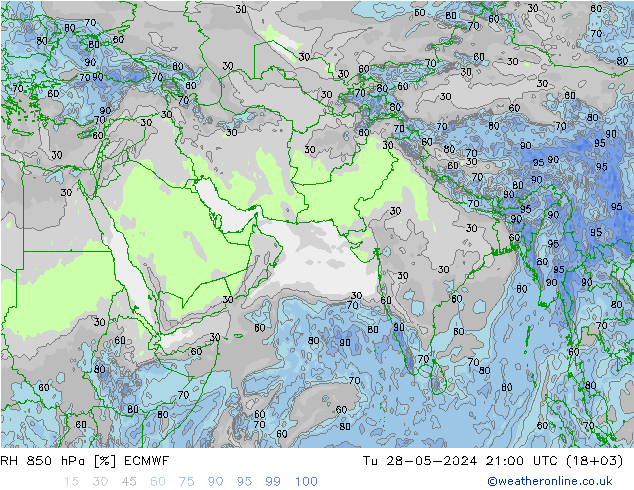 RH 850 hPa ECMWF Út 28.05.2024 21 UTC