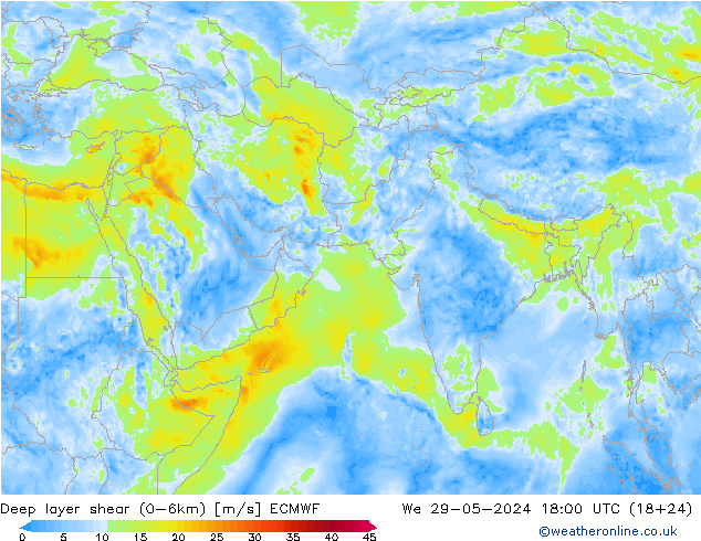 Deep layer shear (0-6km) ECMWF Çar 29.05.2024 18 UTC