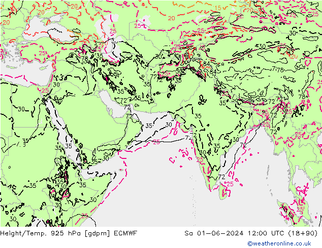 Height/Temp. 925 hPa ECMWF Sa 01.06.2024 12 UTC