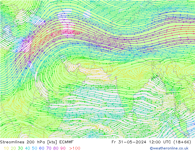 Stroomlijn 200 hPa ECMWF vr 31.05.2024 12 UTC