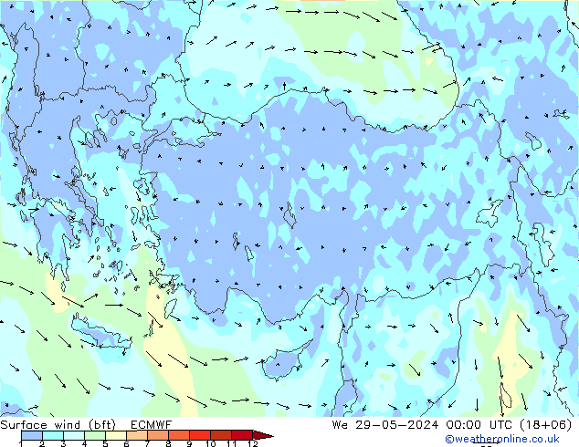 Viento 10 m (bft) ECMWF mié 29.05.2024 00 UTC