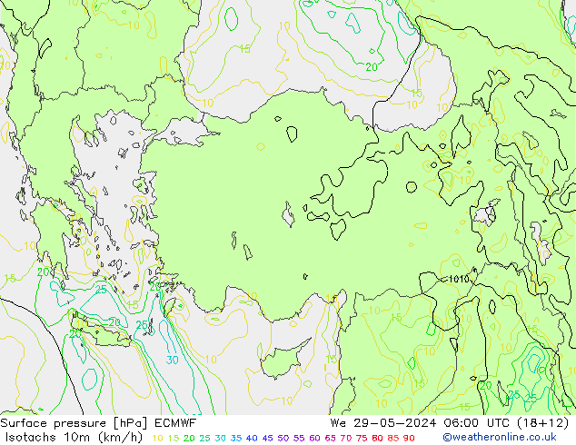 Isotachs (kph) ECMWF We 29.05.2024 06 UTC