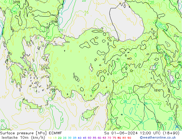 Isotachs (kph) ECMWF sam 01.06.2024 12 UTC