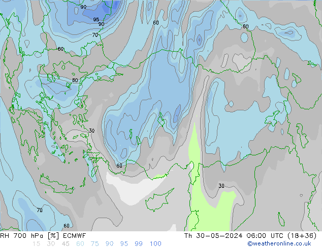 RH 700 hPa ECMWF Qui 30.05.2024 06 UTC