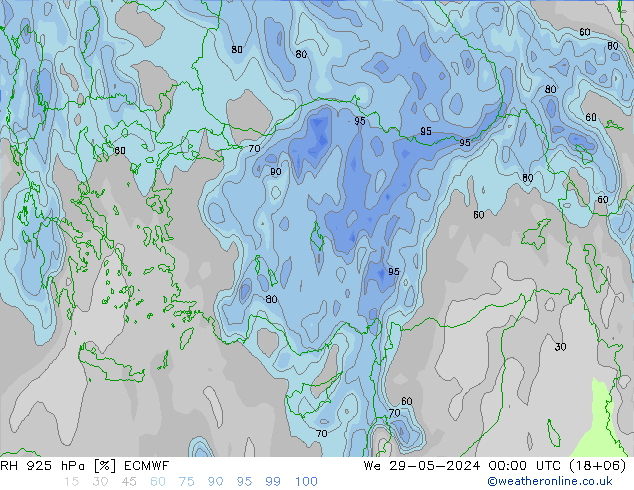 RH 925 hPa ECMWF śro. 29.05.2024 00 UTC