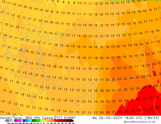 Height/Temp. 850 hPa ECMWF We 29.05.2024 18 UTC