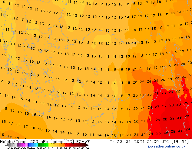 Yükseklik/Sıc. 850 hPa ECMWF Per 30.05.2024 21 UTC