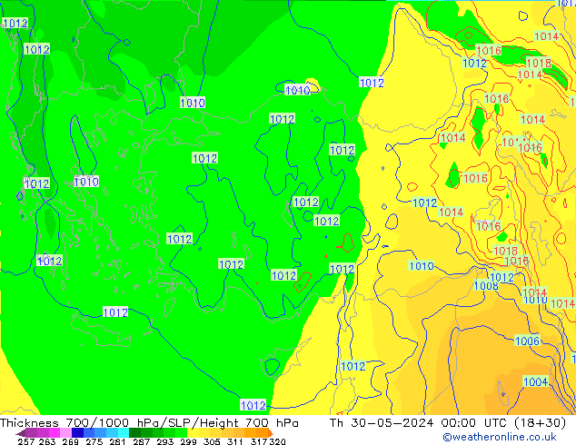 Dikte700-1000 hPa ECMWF do 30.05.2024 00 UTC