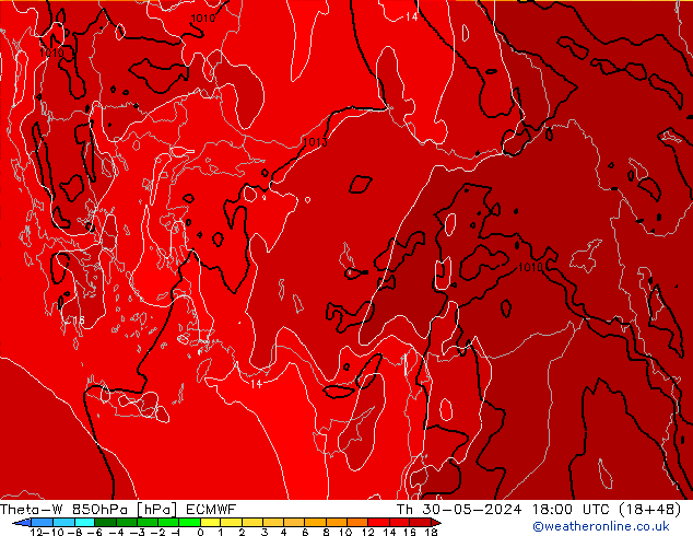 Theta-W 850hPa ECMWF Qui 30.05.2024 18 UTC