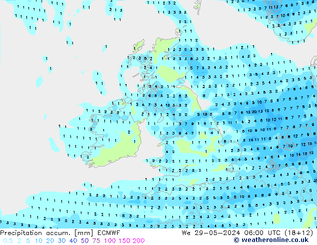 Precipitation accum. ECMWF mer 29.05.2024 06 UTC