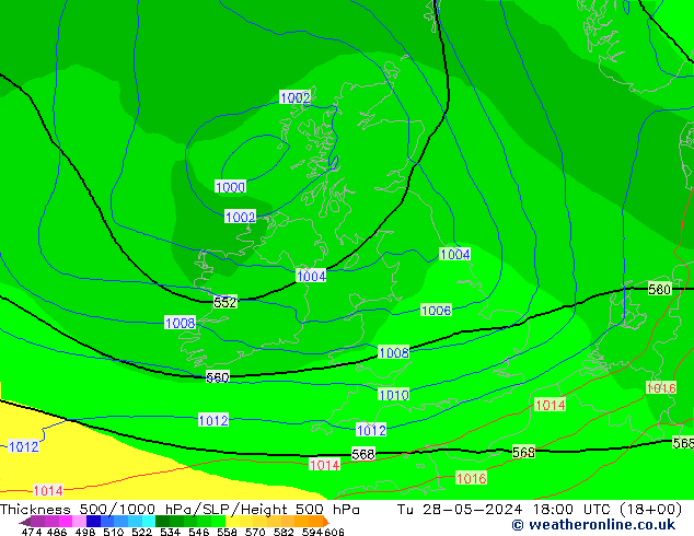 Espesor 500-1000 hPa ECMWF mar 28.05.2024 18 UTC