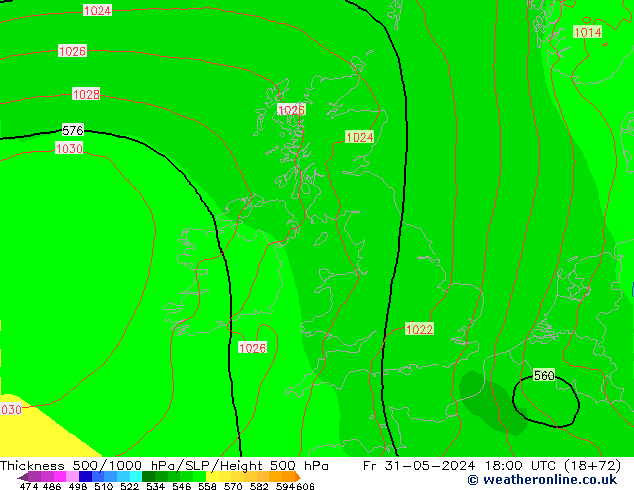 Espesor 500-1000 hPa ECMWF vie 31.05.2024 18 UTC