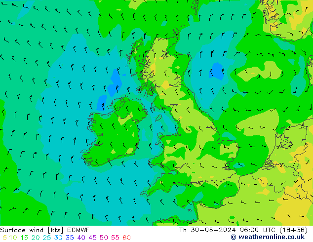 Wind 10 m ECMWF do 30.05.2024 06 UTC