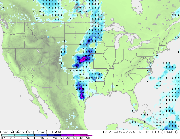 Precipitation (6h) ECMWF Fr 31.05.2024 06 UTC