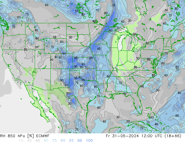 RH 850 hPa ECMWF Pá 31.05.2024 12 UTC