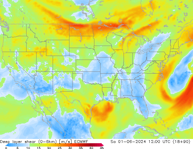 Deep layer shear (0-6km) ECMWF Sáb 01.06.2024 12 UTC