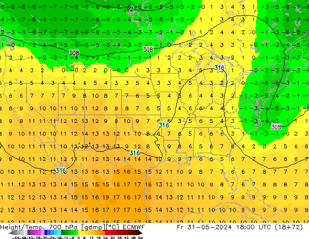 Height/Temp. 700 hPa ECMWF Fr 31.05.2024 18 UTC