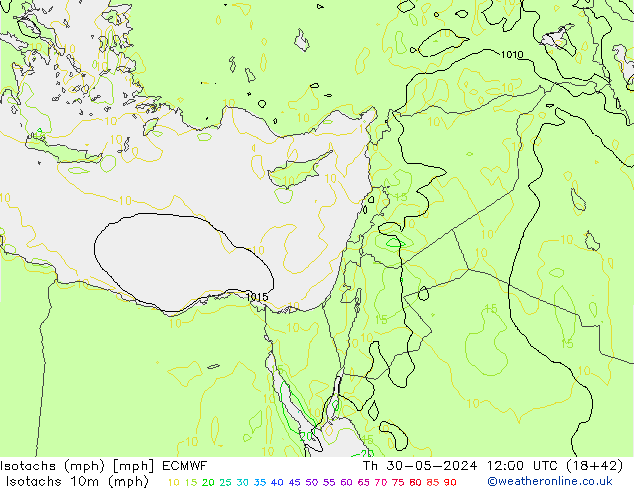 Isotachs (mph) ECMWF Čt 30.05.2024 12 UTC