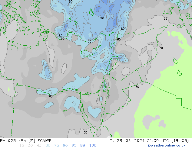 Humidité rel. 925 hPa ECMWF mar 28.05.2024 21 UTC