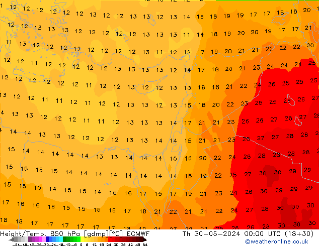 Height/Temp. 850 hPa ECMWF Th 30.05.2024 00 UTC