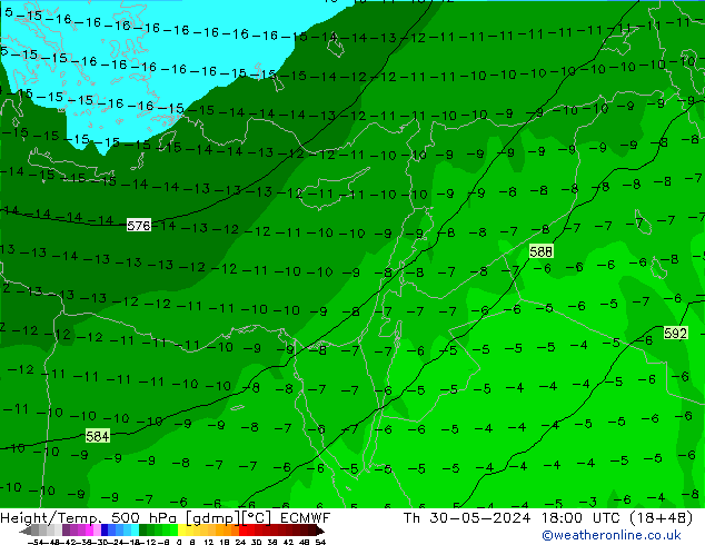 Z500/Rain (+SLP)/Z850 ECMWF Čt 30.05.2024 18 UTC