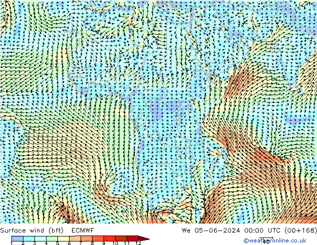 Wind 10 m (bft) ECMWF wo 05.06.2024 00 UTC
