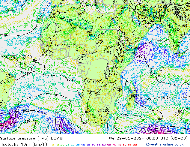 Isotachs (kph) ECMWF We 29.05.2024 00 UTC