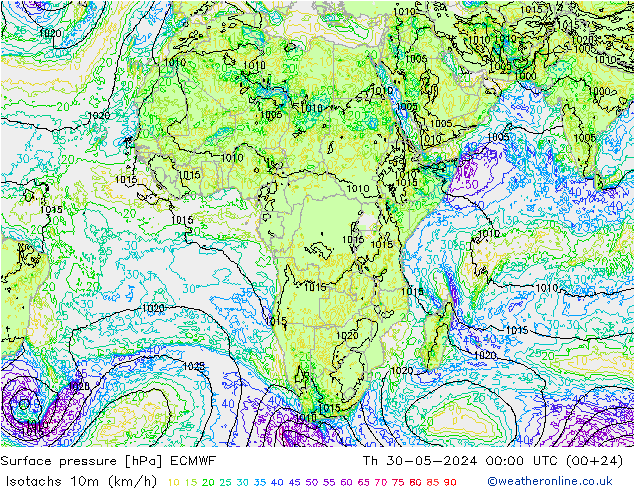 Isotachs (kph) ECMWF gio 30.05.2024 00 UTC