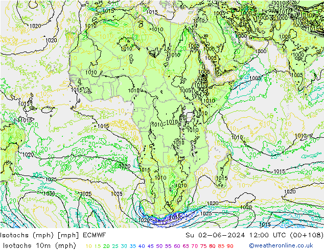 Eşrüzgar Hızları mph ECMWF Paz 02.06.2024 12 UTC