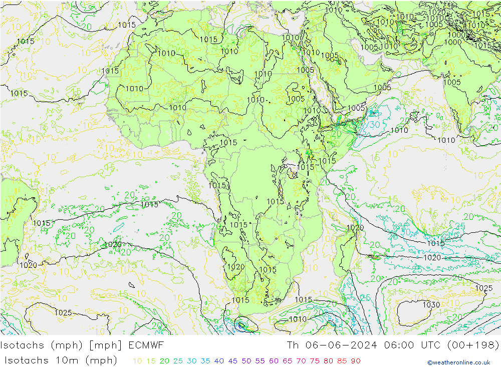 Isotachs (mph) ECMWF Qui 06.06.2024 06 UTC