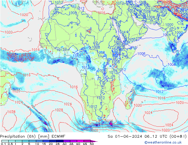 Precipitation (6h) ECMWF Sa 01.06.2024 12 UTC