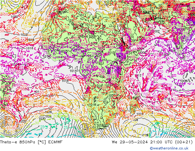 Theta-e 850hPa ECMWF mié 29.05.2024 21 UTC