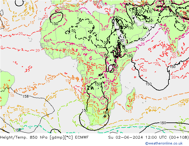 Height/Temp. 850 hPa ECMWF dom 02.06.2024 12 UTC