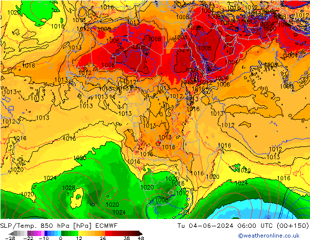 SLP/Temp. 850 hPa ECMWF Tu 04.06.2024 06 UTC