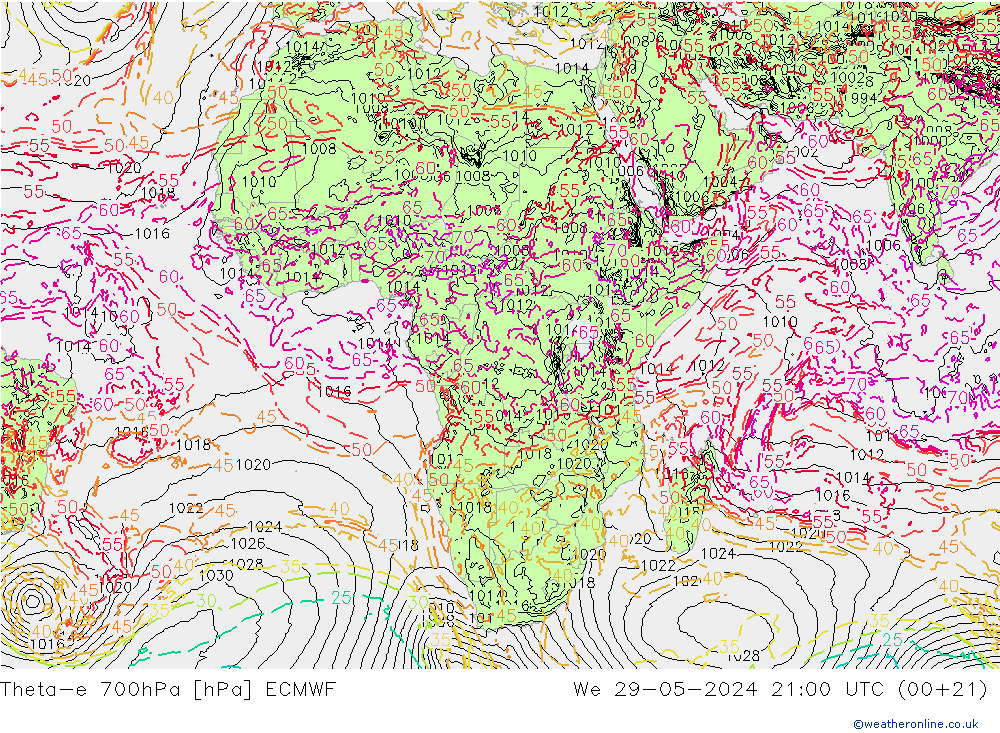 Theta-e 700hPa ECMWF mer 29.05.2024 21 UTC