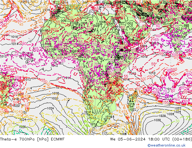 Theta-e 700hPa ECMWF St 05.06.2024 18 UTC